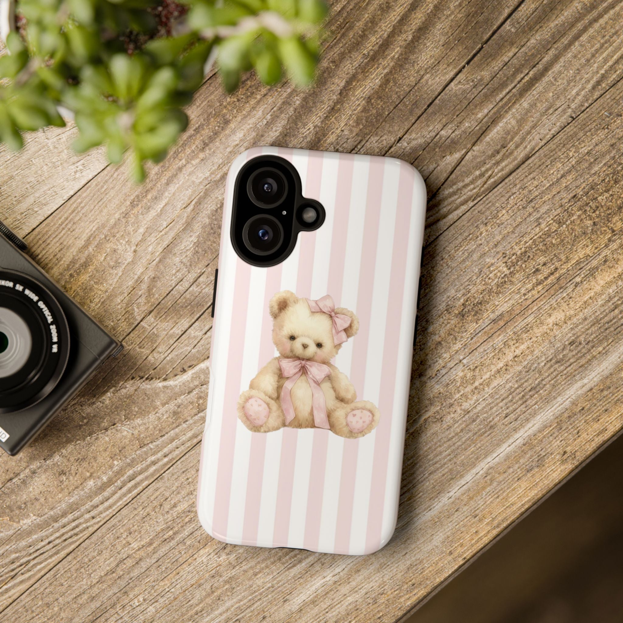 Pink Striped Teddy Bear Phone Case