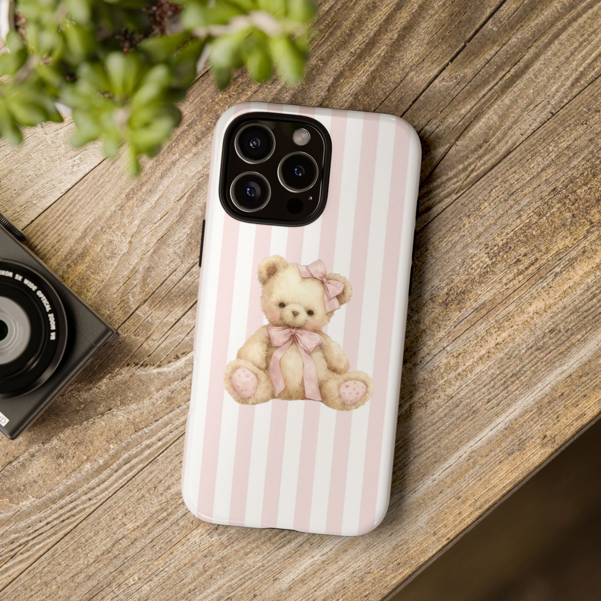 Pink Striped Teddy Bear Phone Case