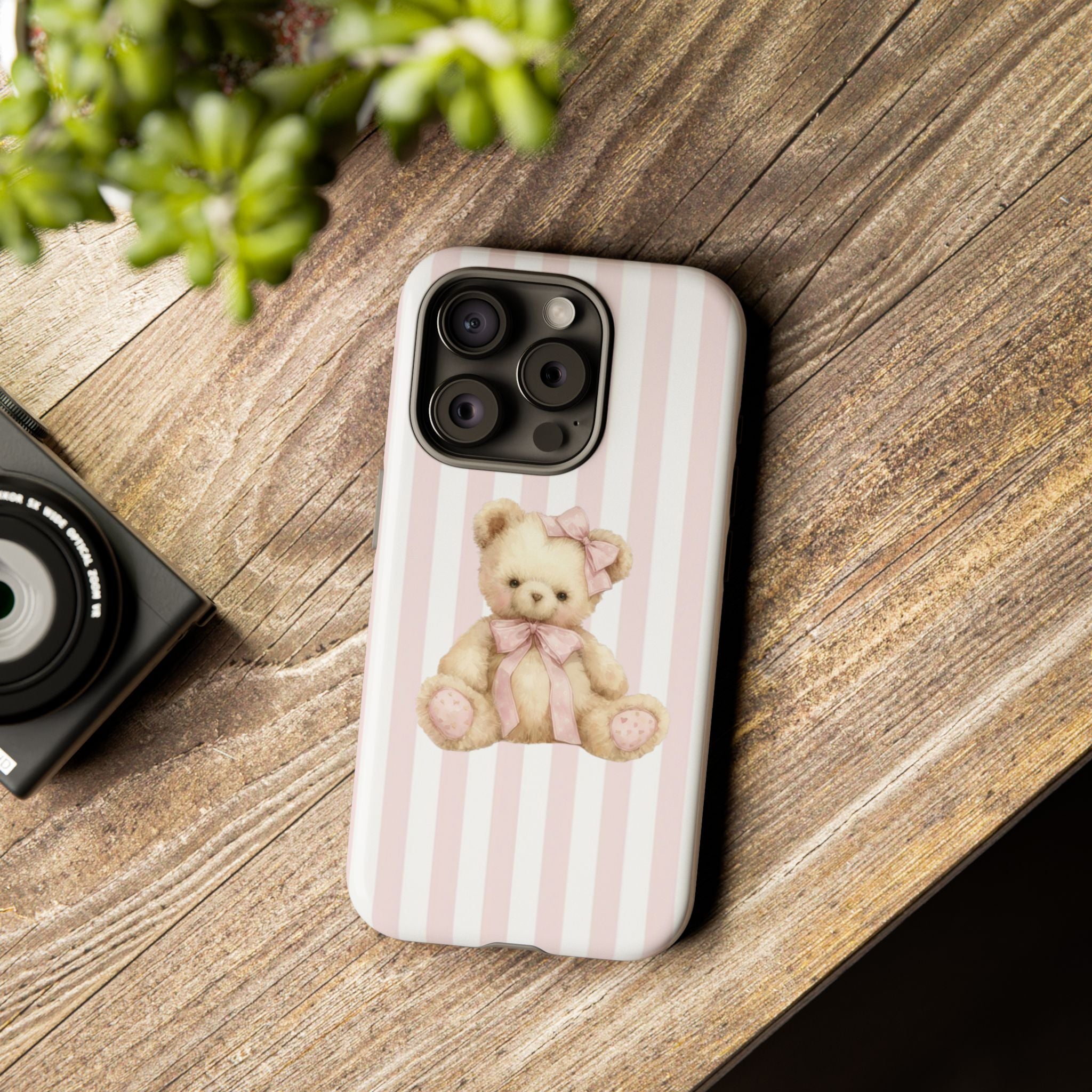 Pink Striped Teddy Bear Phone Case