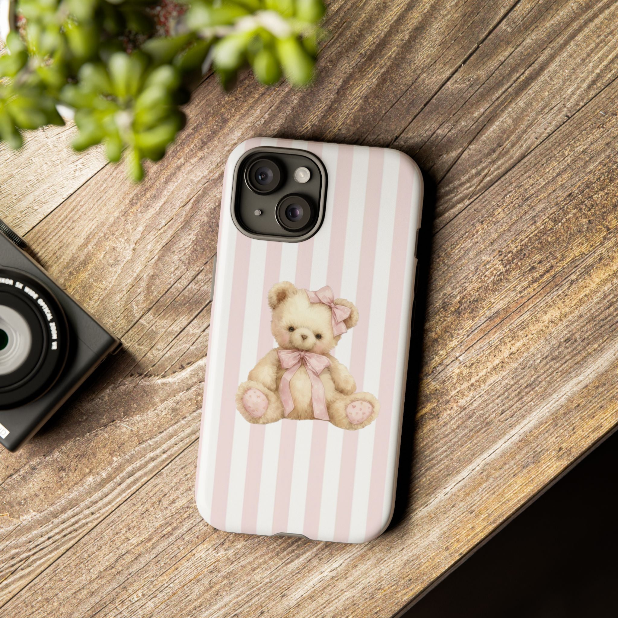 Pink Striped Teddy Bear Phone Case