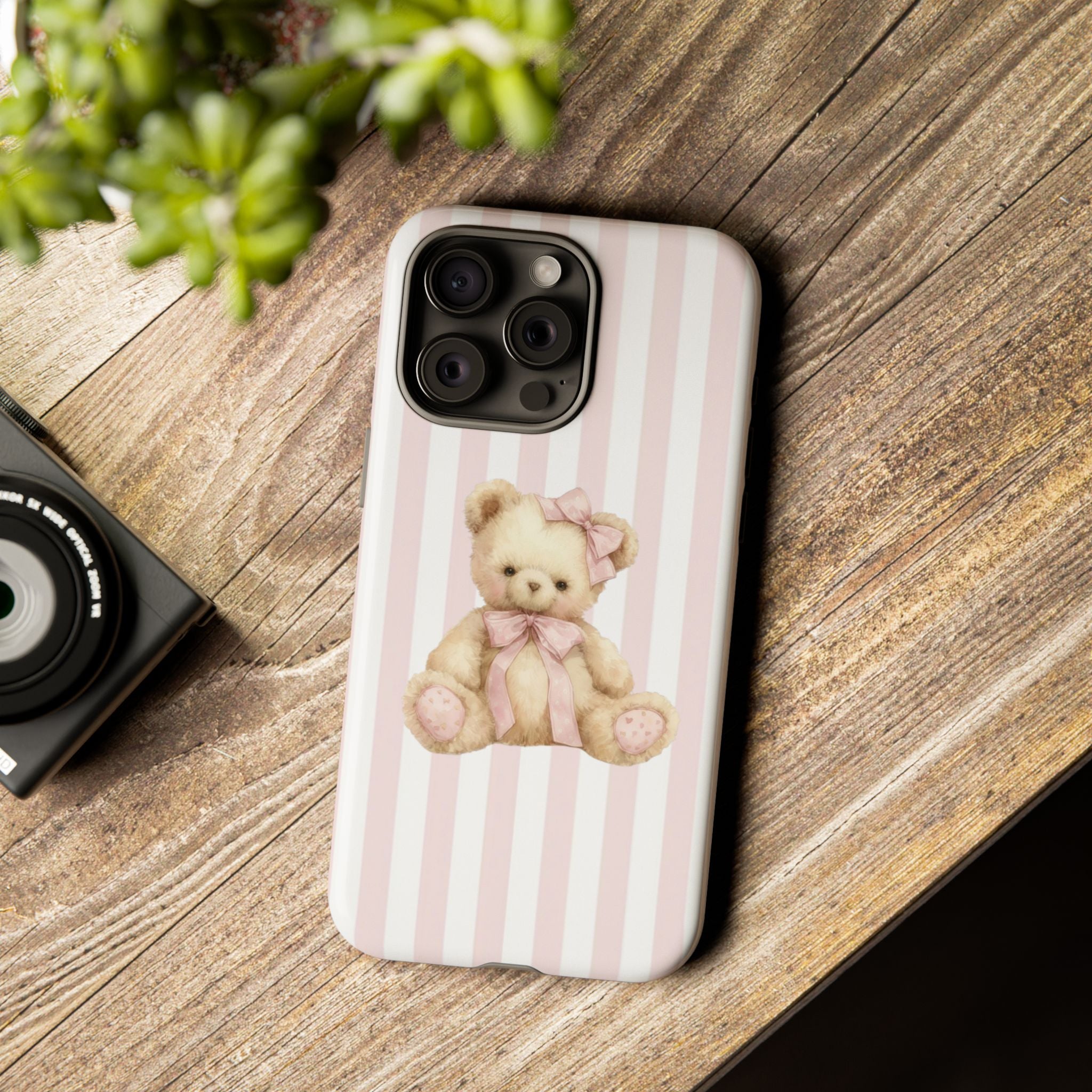 Pink Striped Teddy Bear Phone Case