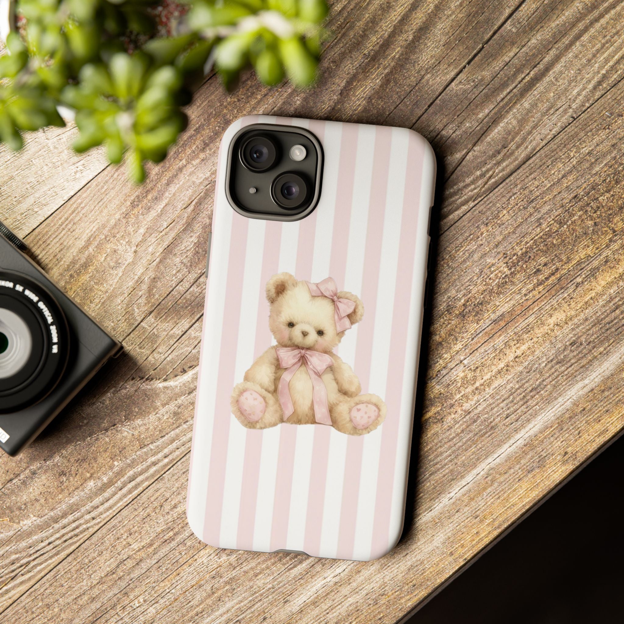 Pink Striped Teddy Bear Phone Case
